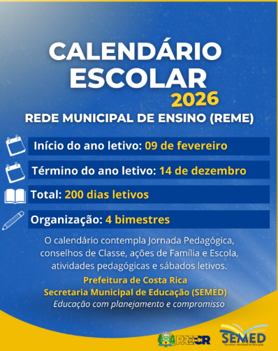 Imagem de compartilhamento para o artigo Prefeitura de Costa Rica define Calendário Escolar 2026; Veja datas importantes, férias e início das aulas da MS Todo dia